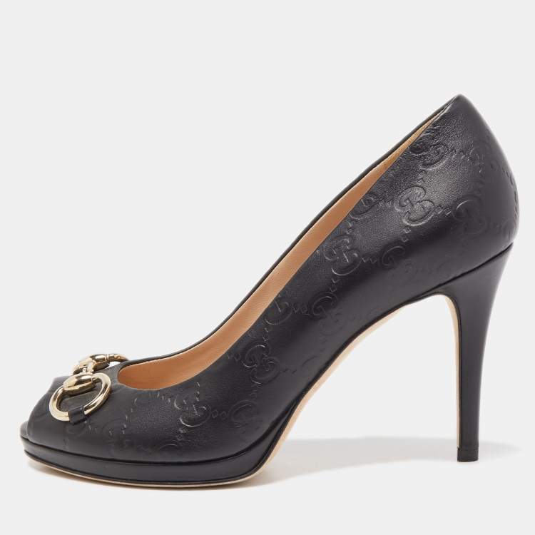 Pre Owned Gucci Black Guccissima Leather Horsebit Platform Pumps Size 37