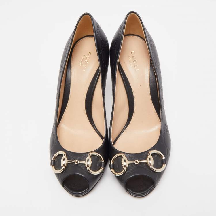 Pre Owned Gucci Black Guccissima Leather Horsebit Platform Pumps Size 37