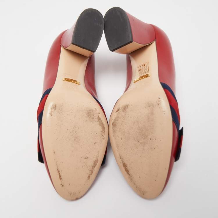 Pre Owned Gucci Red Leather and Web Bow Block Heel Pumps Size 36.5