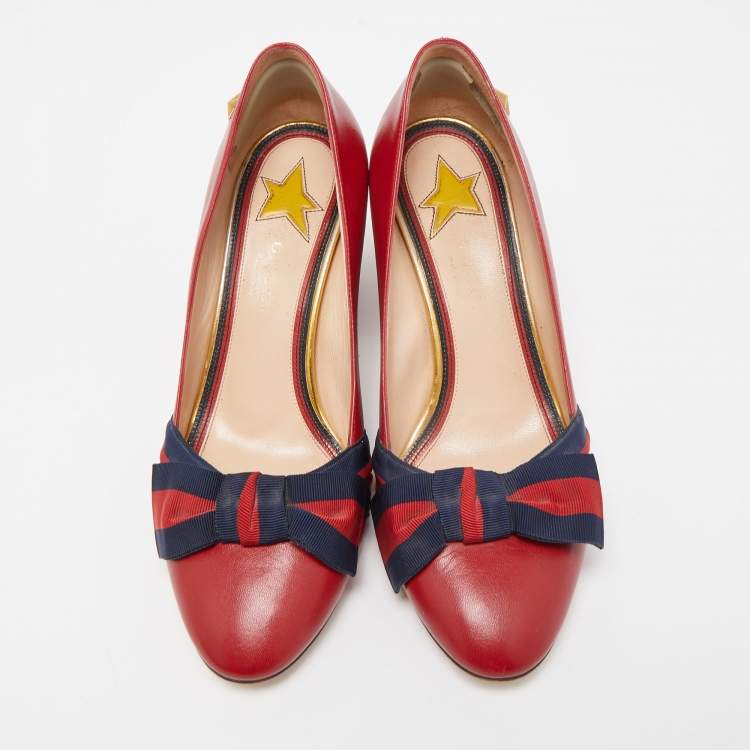Pre Owned Gucci Red Leather and Web Bow Block Heel Pumps Size 36.5