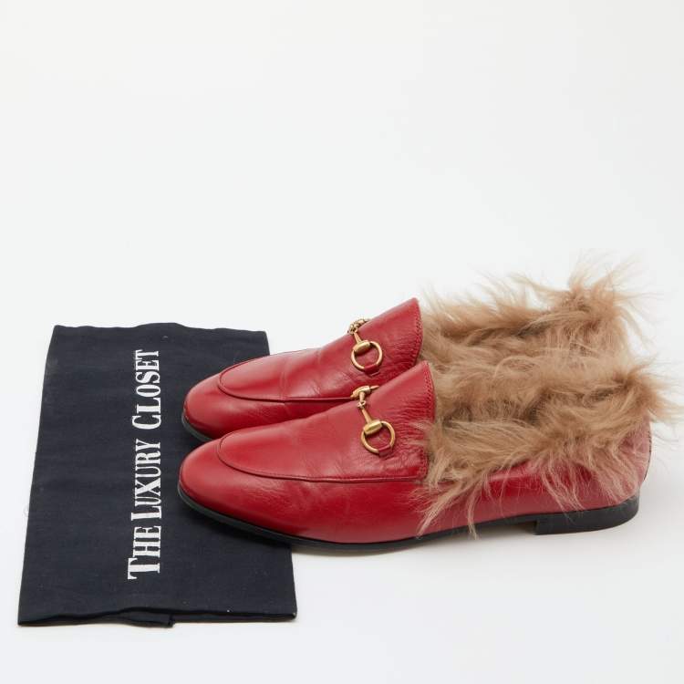 Pre Owned Gucci Red Leather and Fur Princetown Mules Size 39.5