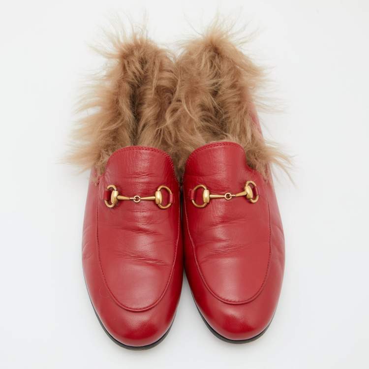 Pre Owned Gucci Red Leather and Fur Princetown Mules Size 39.5