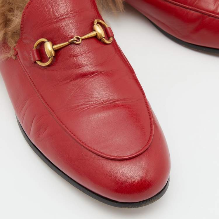 Pre Owned Gucci Red Leather and Fur Princetown Mules Size 39.5