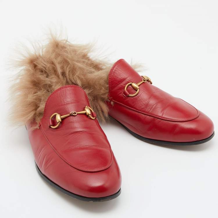 Pre Owned Gucci Red Leather and Fur Princetown Mules Size 39.5