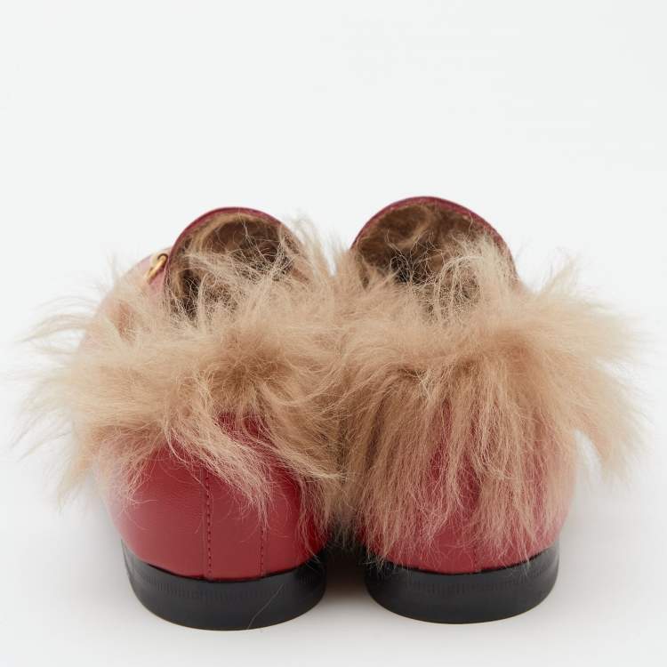 Pre Owned Gucci Red Leather and Fur Princetown Mules Size 39.5
