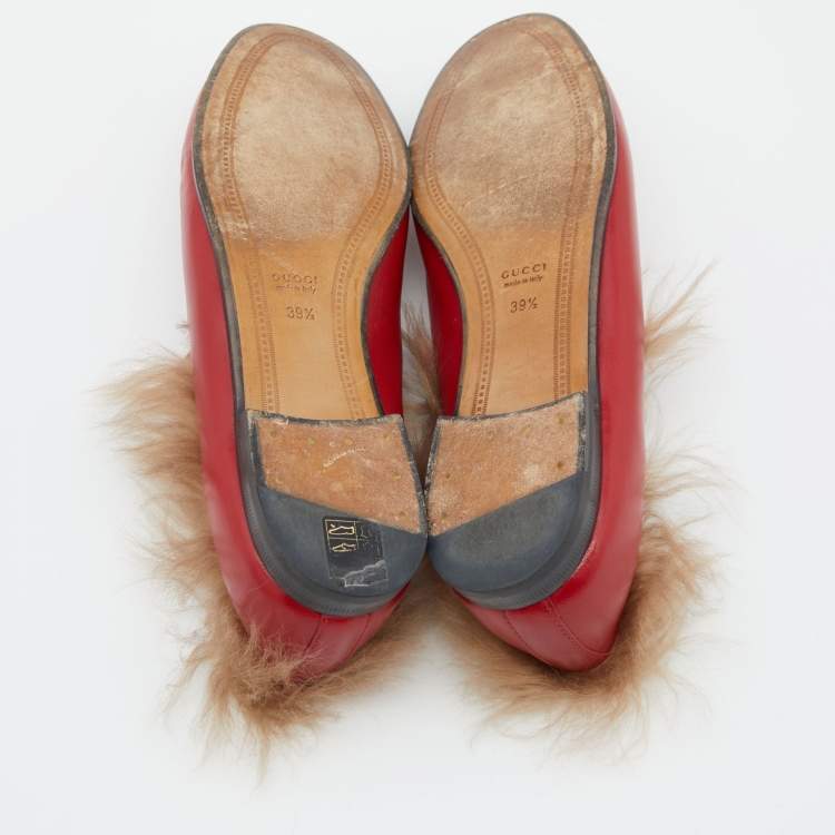 Pre Owned Gucci Red Leather and Fur Princetown Mules Size 39.5