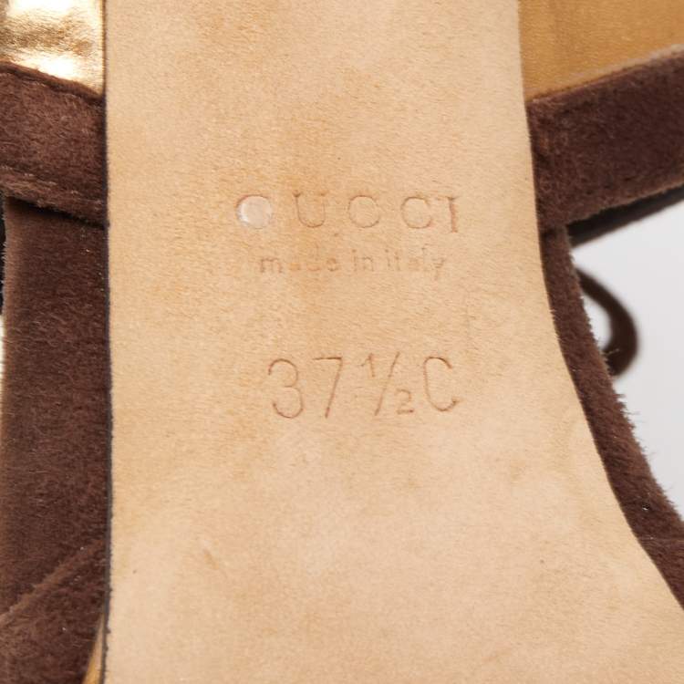 Pre Owned Gucci Brown/Gold Suede and Leather Ankle Tie Sandals Size 37.5
