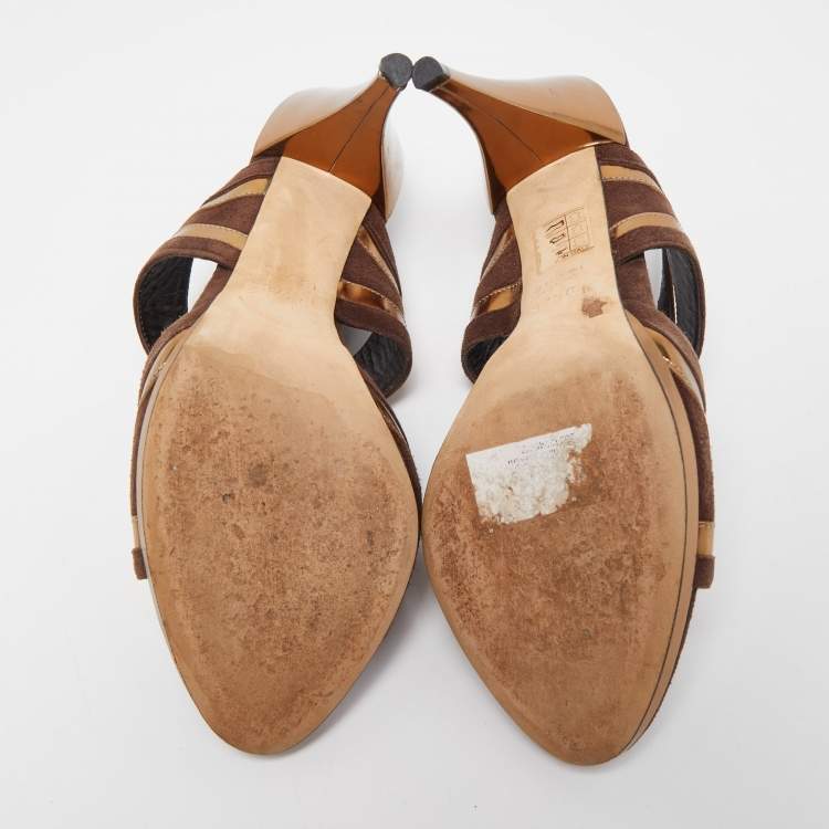 Pre Owned Gucci Brown/Gold Suede and Leather Ankle Tie Sandals Size 37.5