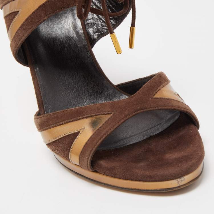 Pre Owned Gucci Brown/Gold Suede and Leather Ankle Tie Sandals Size 37.5