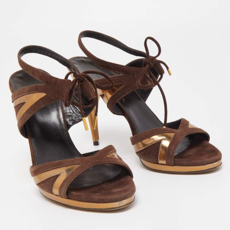 Pre Owned Gucci Brown/Gold Suede and Leather Ankle Tie Sandals Size 37.5