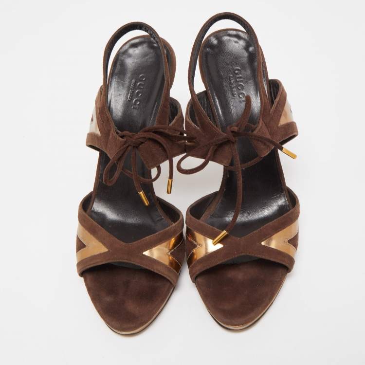 Pre Owned Gucci Brown/Gold Suede and Leather Ankle Tie Sandals Size 37.5