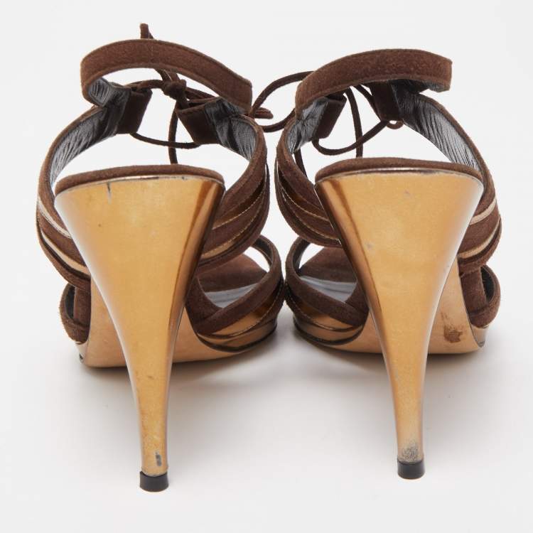 Pre Owned Gucci Brown/Gold Suede and Leather Ankle Tie Sandals Size 37.5