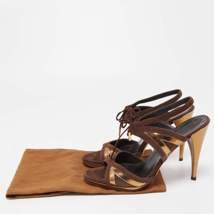 Pre Owned Gucci Brown/Gold Suede and Leather Ankle Tie Sandals Size 37.5