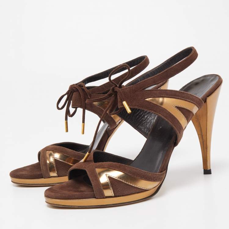 Pre Owned Gucci Brown/Gold Suede and Leather Ankle Tie Sandals Size 37.5