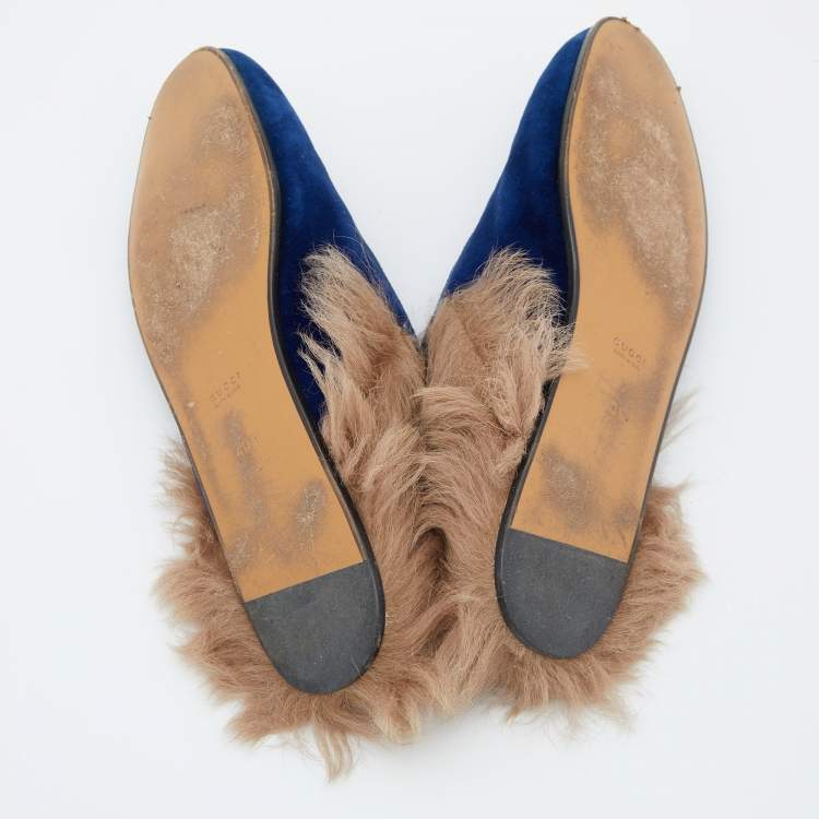 Pre Owned Gucci Blue Velvet and Fur Princetown Mules Size 40.5