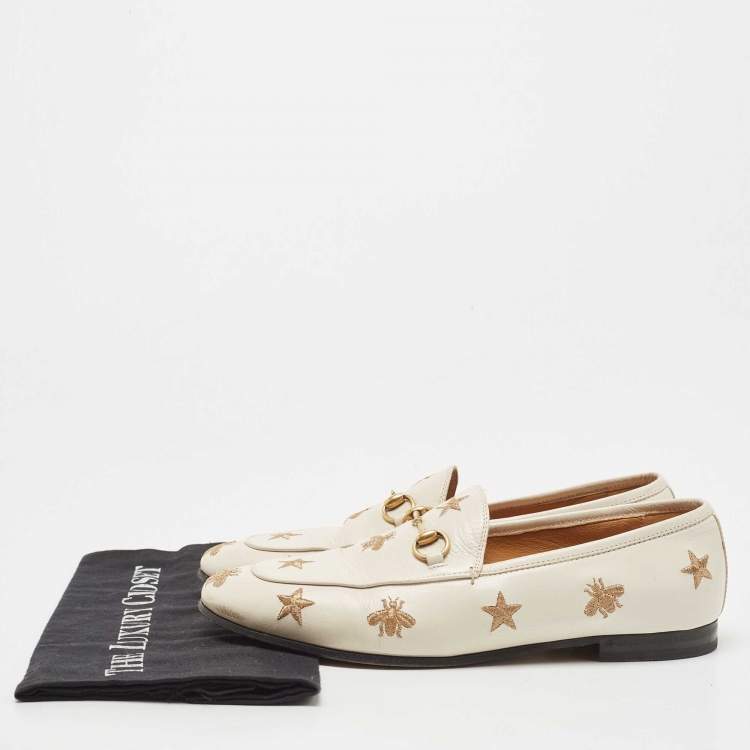 Pre Owned Gucci Cream Leather Jordaan Embroidered Bee Horsebit Slip On Loafers Size 39