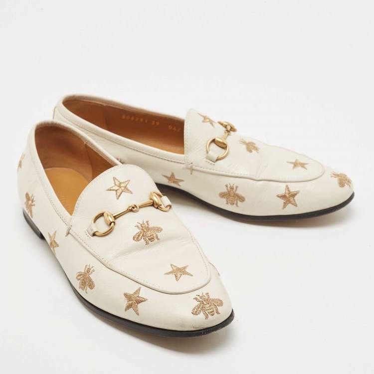 Pre Owned Gucci Cream Leather Jordaan Embroidered Bee Horsebit Slip On Loafers Size 39