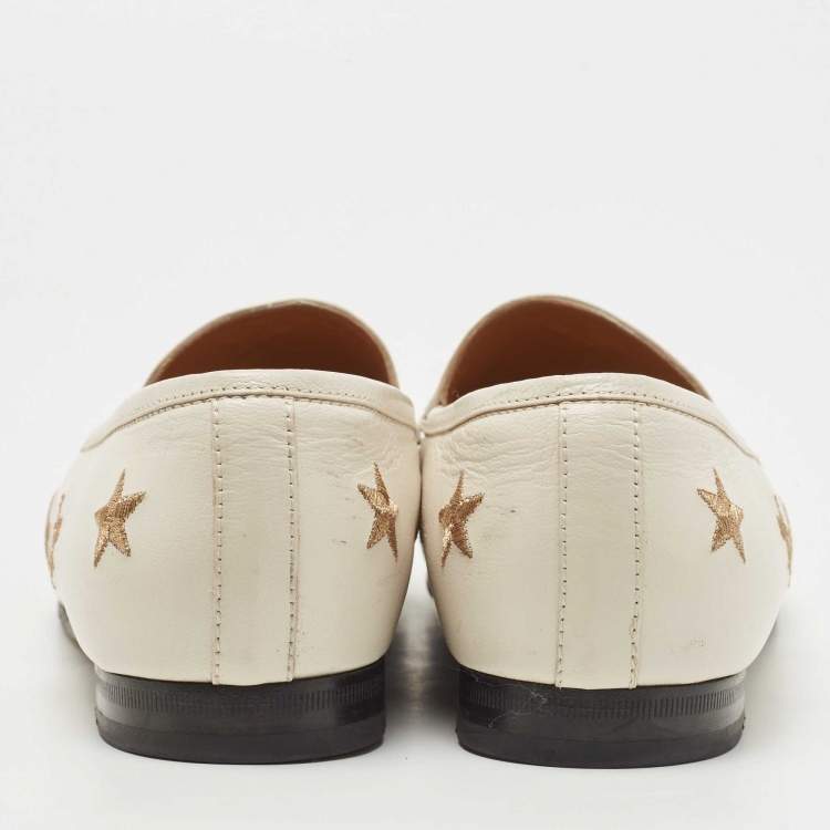 Pre Owned Gucci Cream Leather Jordaan Embroidered Bee Horsebit Slip On Loafers Size 39