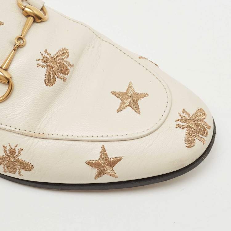 Pre Owned Gucci Cream Leather Jordaan Embroidered Bee Horsebit Slip On Loafers Size 39