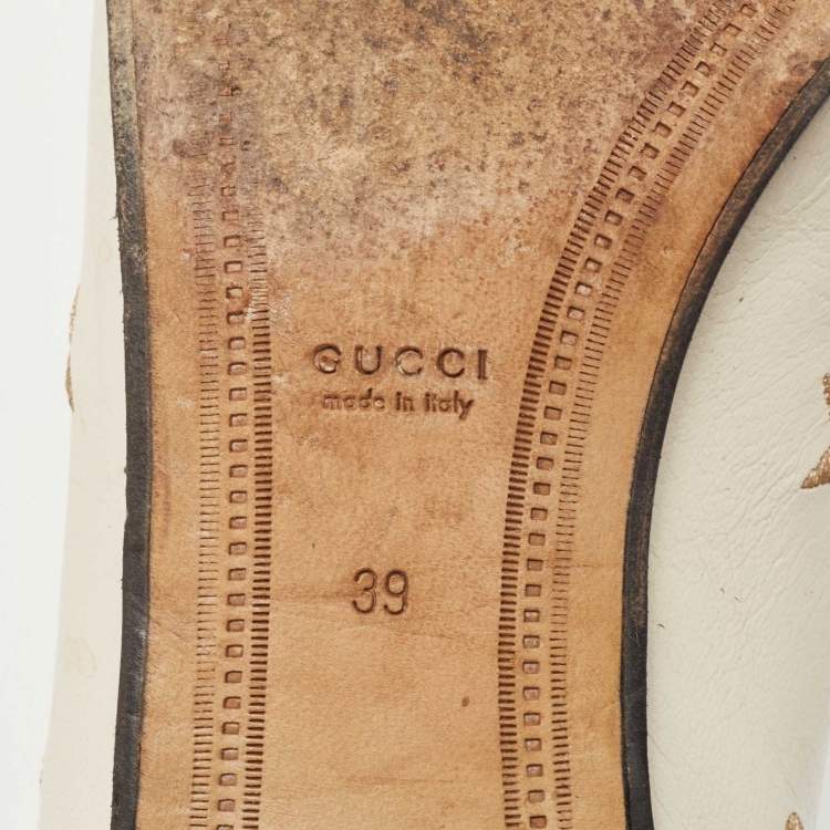 Pre Owned Gucci Cream Leather Jordaan Embroidered Bee Horsebit Slip On Loafers Size 39