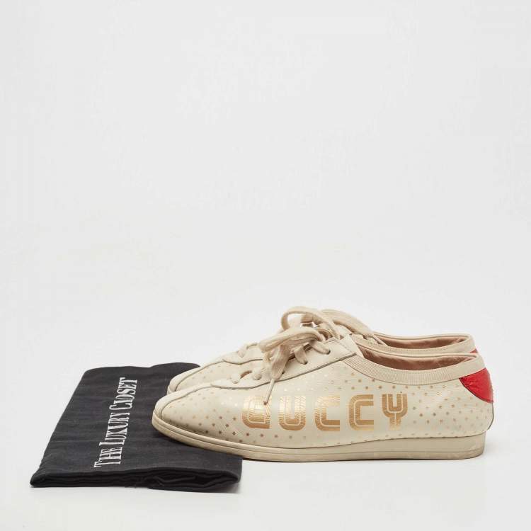 Pre Owned Gucci Beige Leather Falacer Guccy Sneakers Size 37