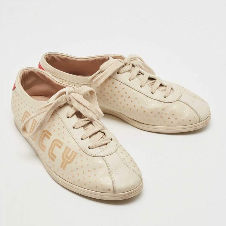 Pre Owned Gucci Beige Leather Falacer Guccy Sneakers Size 37