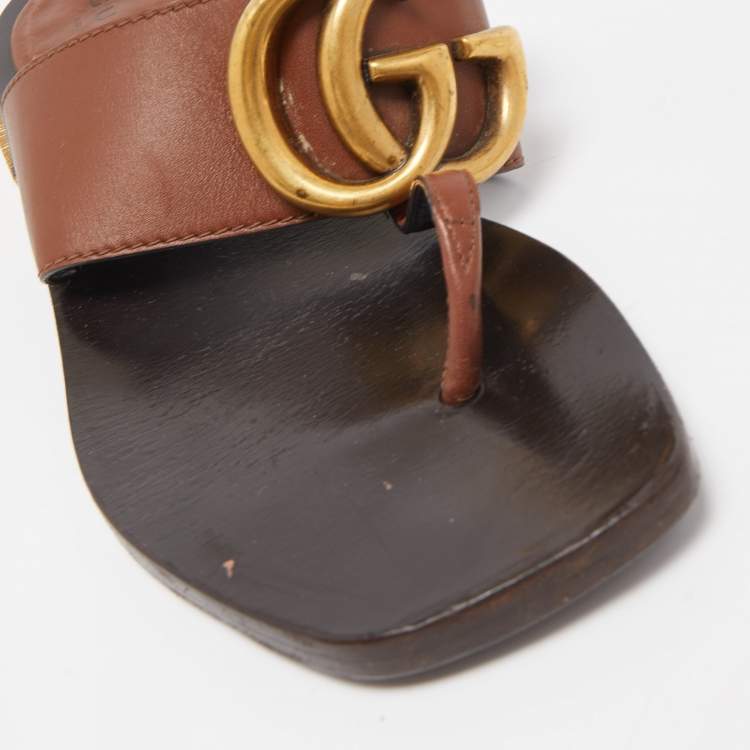 Pre Owned Gucci Brown Leather GG Marmont Thong Sandals Size 36