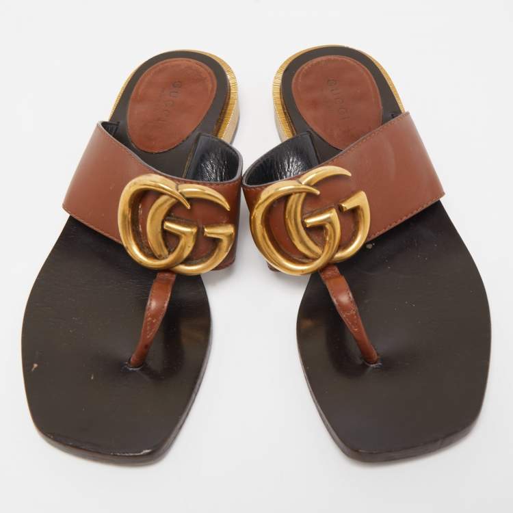 Pre Owned Gucci Brown Leather GG Marmont Thong Sandals Size 36