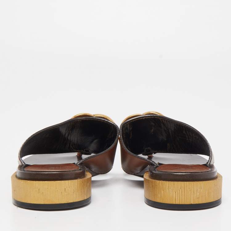 Pre Owned Gucci Brown Leather GG Marmont Thong Sandals Size 36