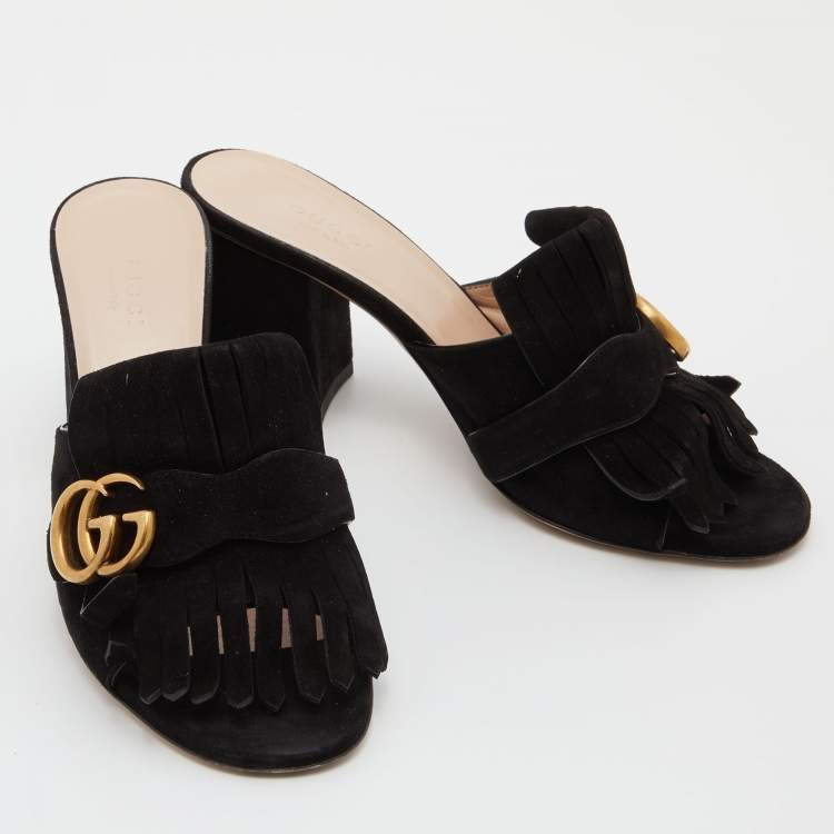 Pre Owned Gucci Black Suede GG Marmont Fringe Sandals Size 37.5