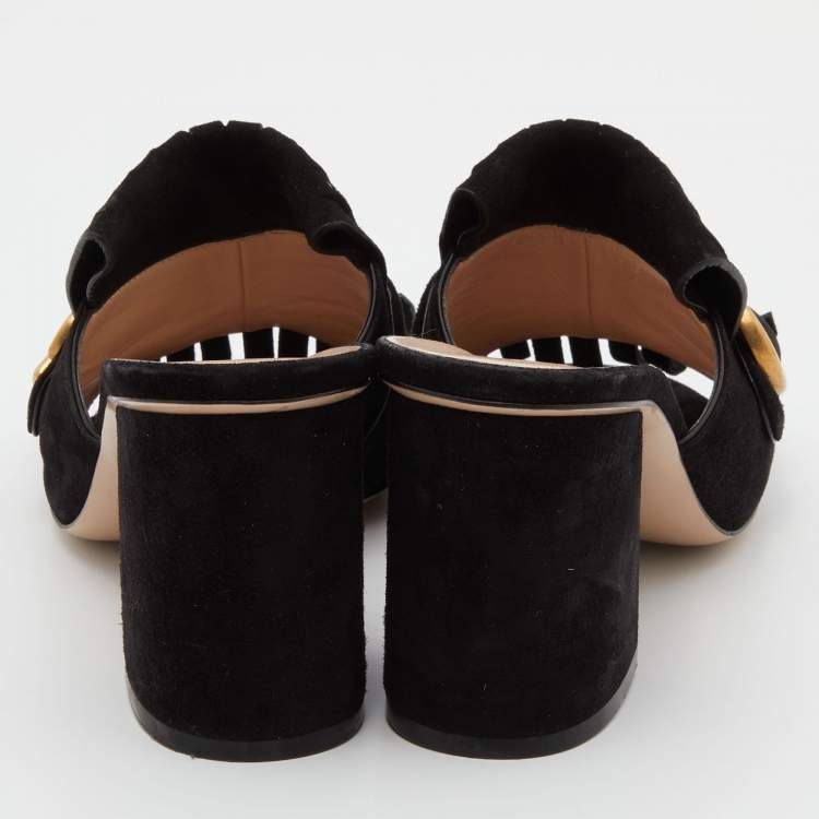 Pre Owned Gucci Black Suede GG Marmont Fringe Sandals Size 37.5