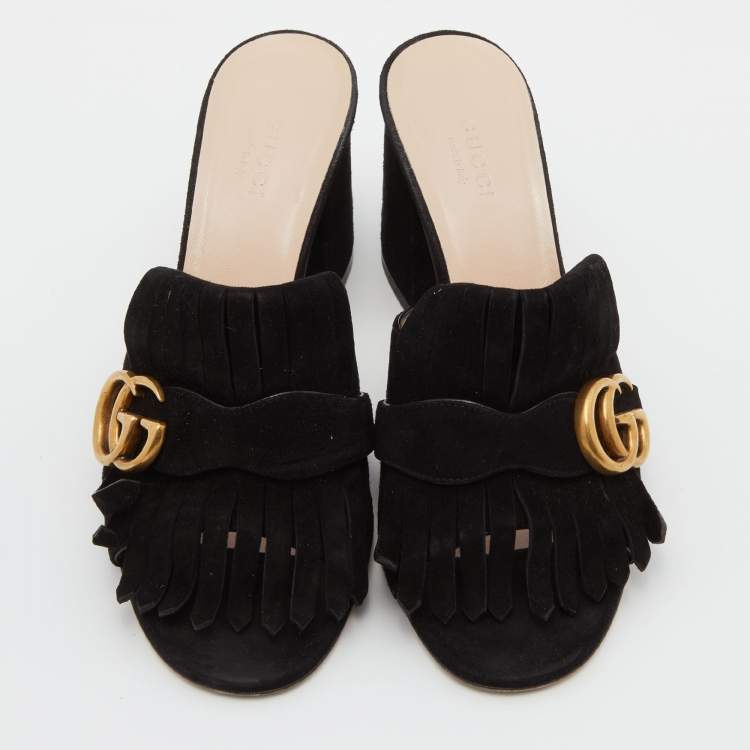 Pre Owned Gucci Black Suede GG Marmont Fringe Sandals Size 37.5