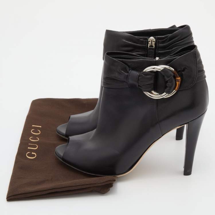 Pre Owned Gucci Black Leather Peep Toe Ankle Booties Size 37