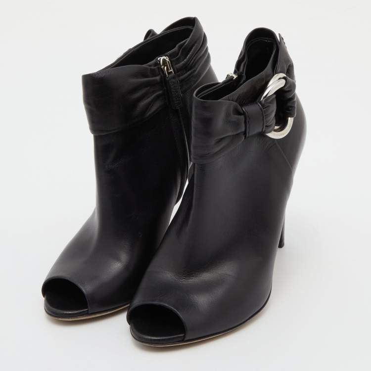 Pre Owned Gucci Black Leather Peep Toe Ankle Booties Size 37
