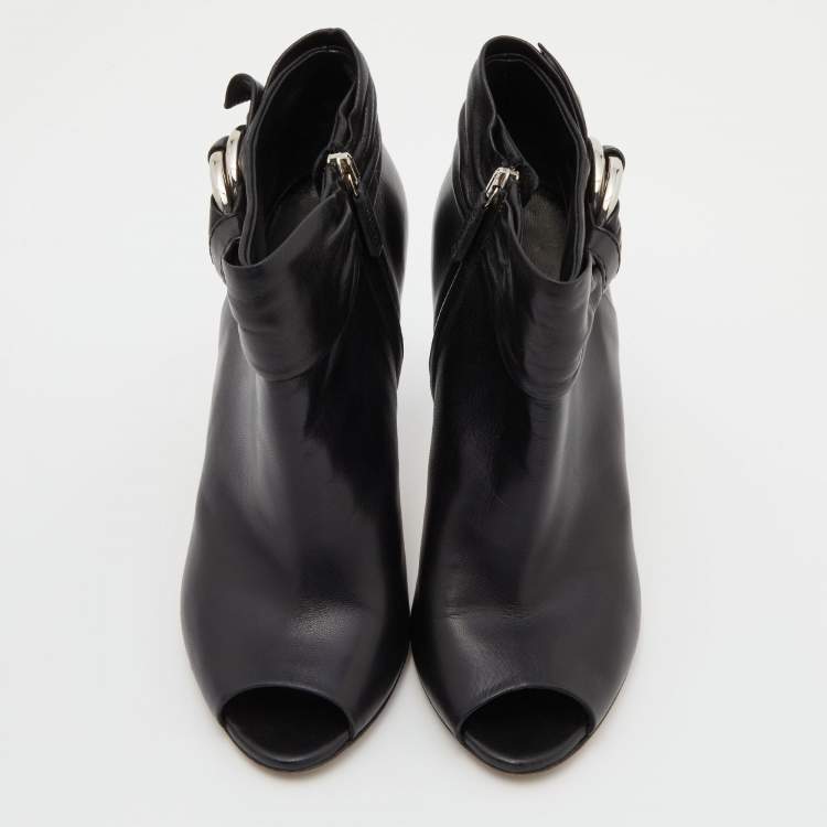 Pre Owned Gucci Black Leather Peep Toe Ankle Booties Size 37