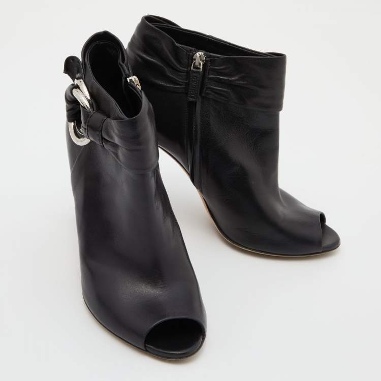 Pre Owned Gucci Black Leather Peep Toe Ankle Booties Size 37