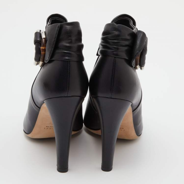 Pre Owned Gucci Black Leather Peep Toe Ankle Booties Size 37