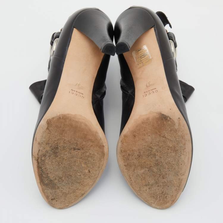 Pre Owned Gucci Black Leather Peep Toe Ankle Booties Size 37