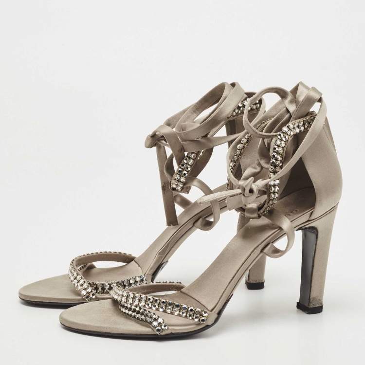 Pre Owned Gucci Grey Satin Crystal Embellished Ankle Wrap Sandals Size 37.5