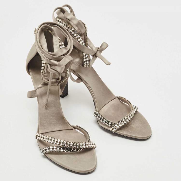 Pre Owned Gucci Grey Satin Crystal Embellished Ankle Wrap Sandals Size 37.5