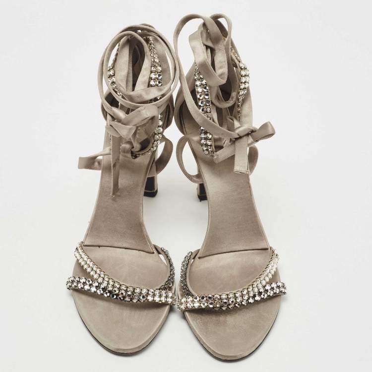 Pre Owned Gucci Grey Satin Crystal Embellished Ankle Wrap Sandals Size 37.5
