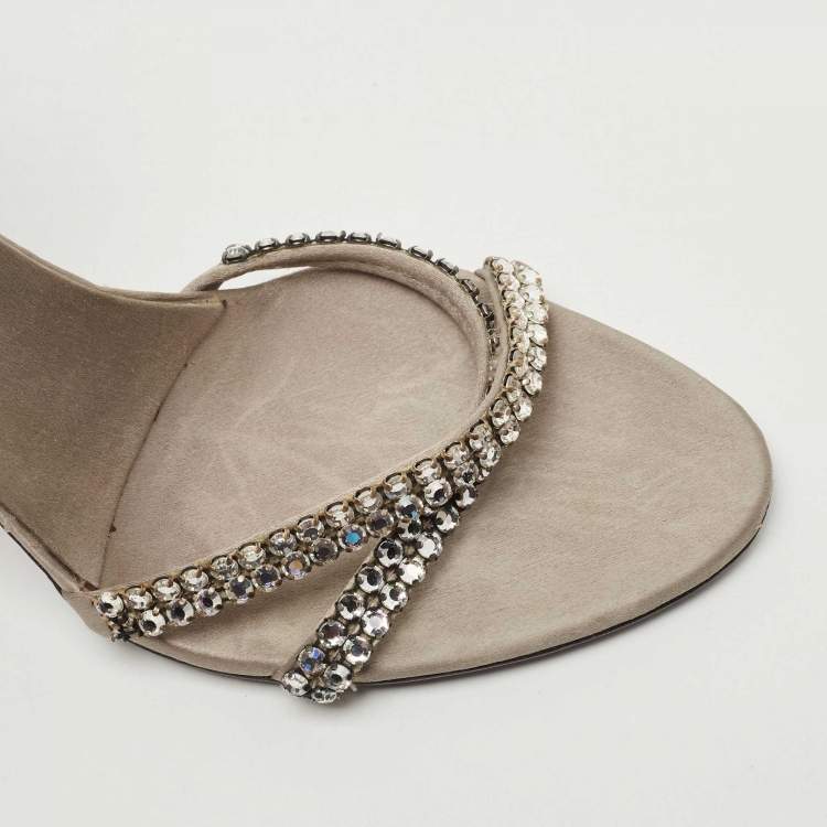 Pre Owned Gucci Grey Satin Crystal Embellished Ankle Wrap Sandals Size 37.5