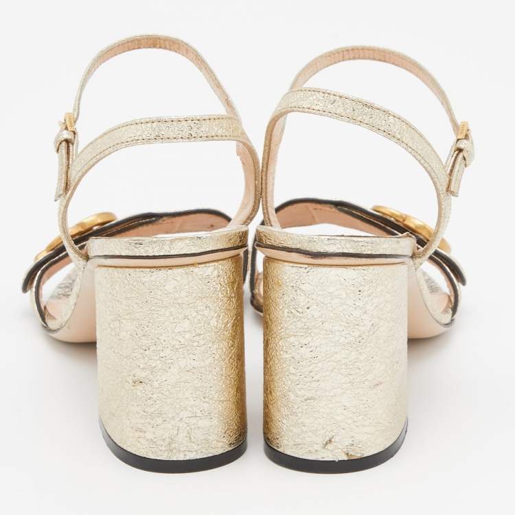 Pre Owned Gucci Gold Crinkled Leather GG Marmont Ankle Strap Sandals Size 38