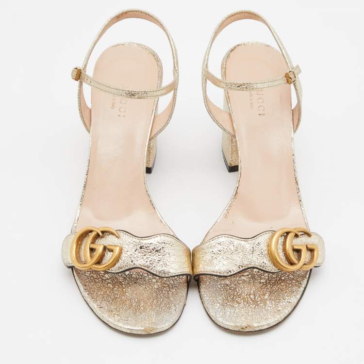 Pre Owned Gucci Gold Crinkled Leather GG Marmont Ankle Strap Sandals Size 38