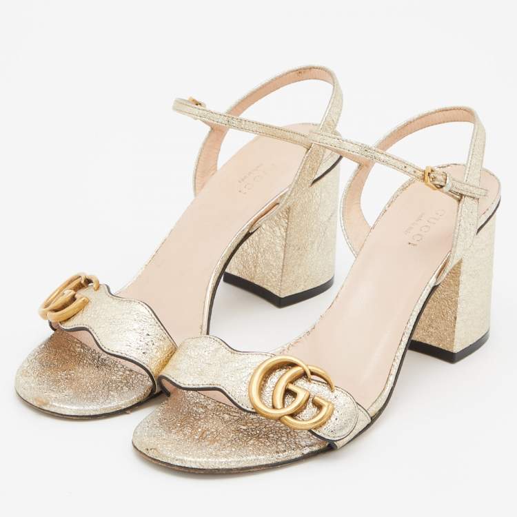 Pre Owned Gucci Gold Crinkled Leather GG Marmont Ankle Strap Sandals Size 38