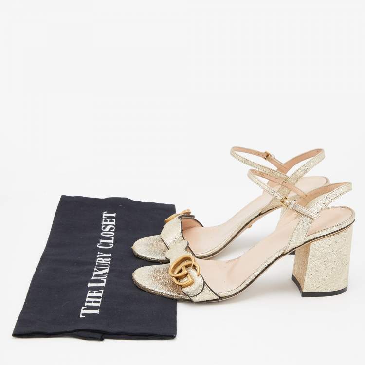 Pre Owned Gucci Gold Crinkled Leather GG Marmont Ankle Strap Sandals Size 38