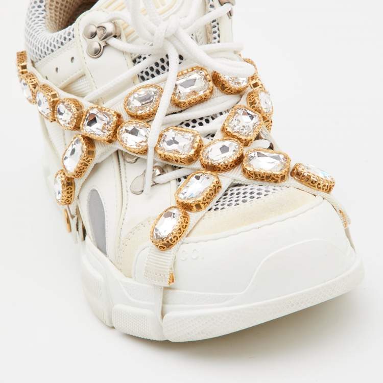 Pre Owned Gucci White Leather, Suede and Mesh Flashtrek Removable Crystals Low Top Sneakers Size 38.5