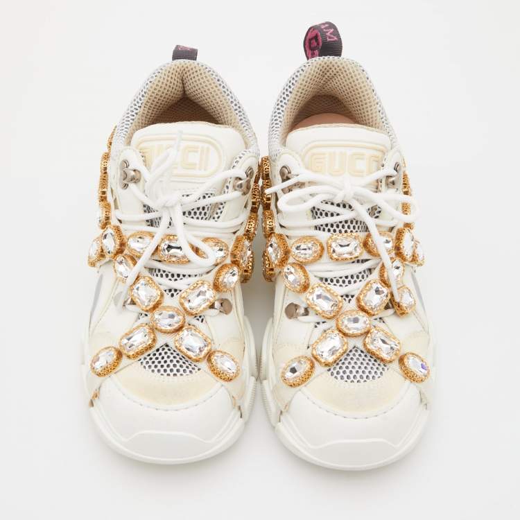 Pre Owned Gucci White Leather, Suede and Mesh Flashtrek Removable Crystals Low Top Sneakers Size 38.5