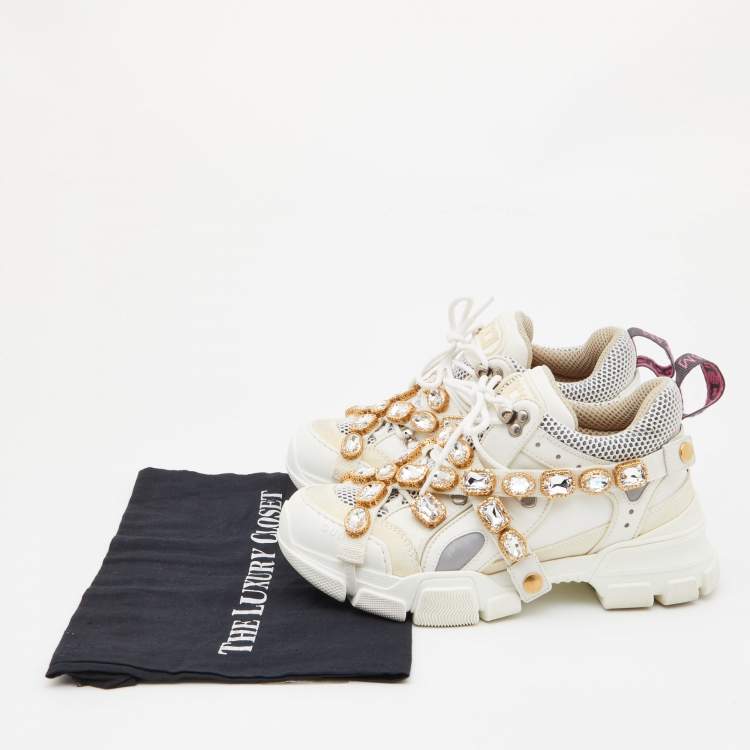 Pre Owned Gucci White Leather, Suede and Mesh Flashtrek Removable Crystals Low Top Sneakers Size 38.5
