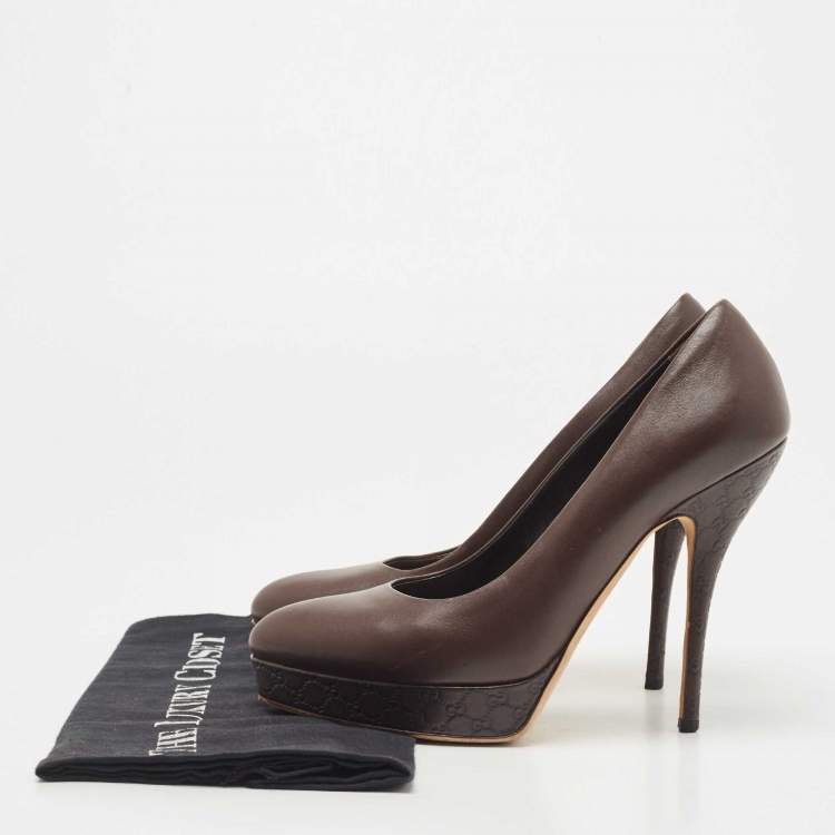 Pre Owned Gucci Brown Leather Platform Pumps Size 37.5